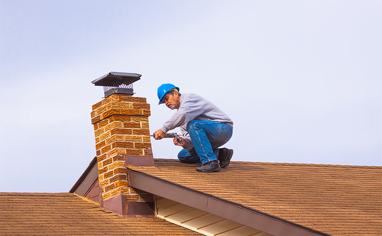 Worker Conducting Chimney Repair on a Roof with Clear Sky