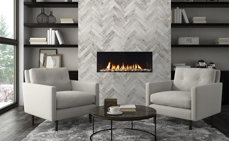 Modern Fireplace in Elegant Living Room with Chevron Wall Design