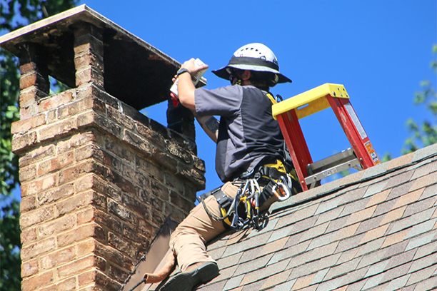 Worker Performing Chimney Repair on Roof in Warwick RI