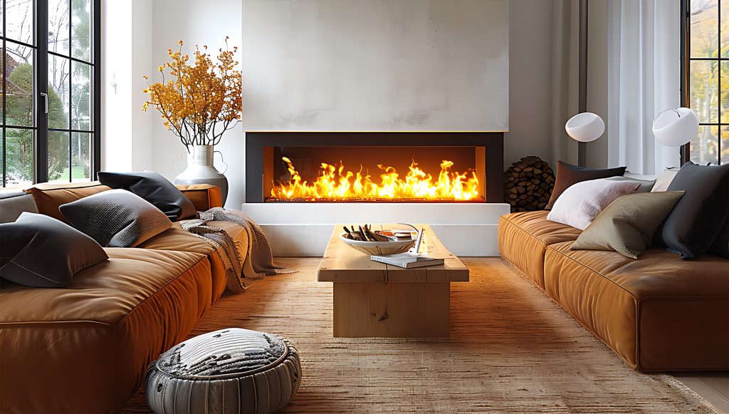 Modern Living Room with Fireplace and Sleek Chimney Design