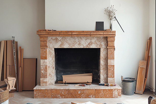 Renovated Fireplace with Wooden Mantel in a Residential Living Room