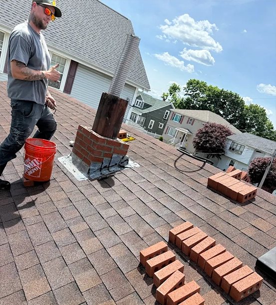 Worker Rebuilding Chimney with Bricks on Roof, Blue Sky Background