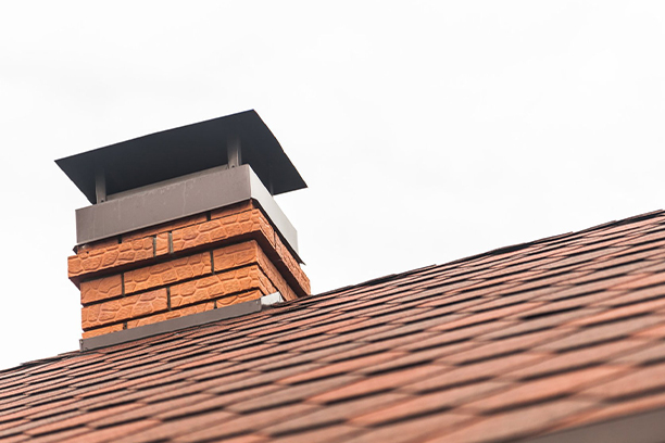 Brick Chimney on Tiled Roof Against Cloudy Sky