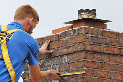Worker Measuring Brick Chimney for Repair in Warwick RI